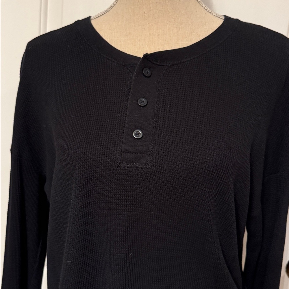 EVERLANE TOP TEE LONG SLEEVE BLACK WAFFLE KNIT COTTON BOXY SIZE S CROPPED (mens) - Picture 2 of 10
